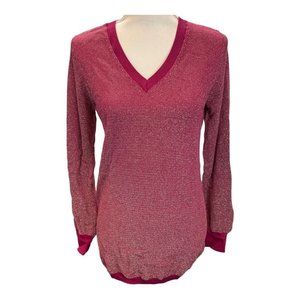 BCBG Paris Womens M Sweater Blouse Long Sleeve V-Neck Burgundy Gold Red